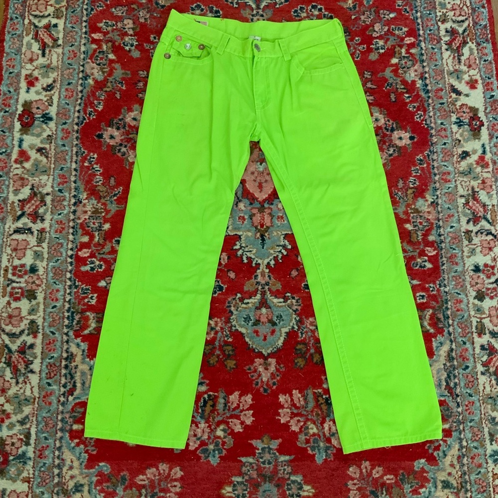 TRUE RELIGION Johnny Super T Neon Green Mens Jeans 38/32 RARE POP OF COLOR